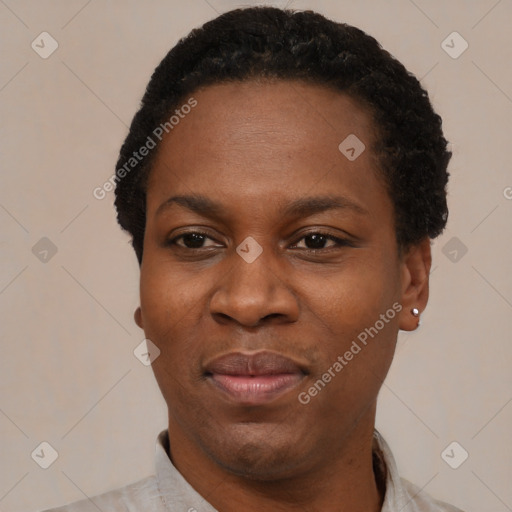 Joyful black young-adult female with short  black hair and brown eyes