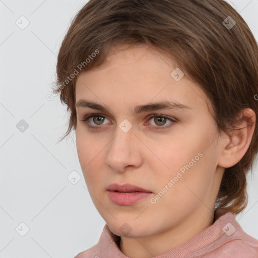 Neutral white young-adult female with medium  brown hair and brown eyes