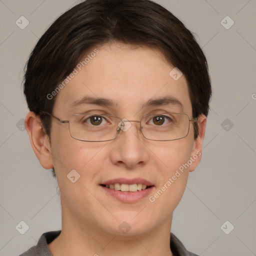 Joyful white adult female with short  brown hair and brown eyes