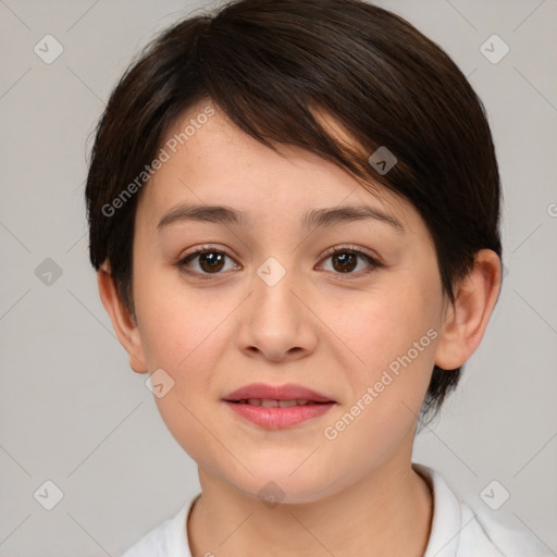 Joyful white young-adult female with medium  brown hair and brown eyes