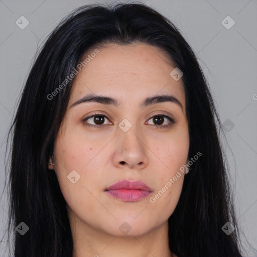 Neutral asian young-adult female with long  black hair and brown eyes