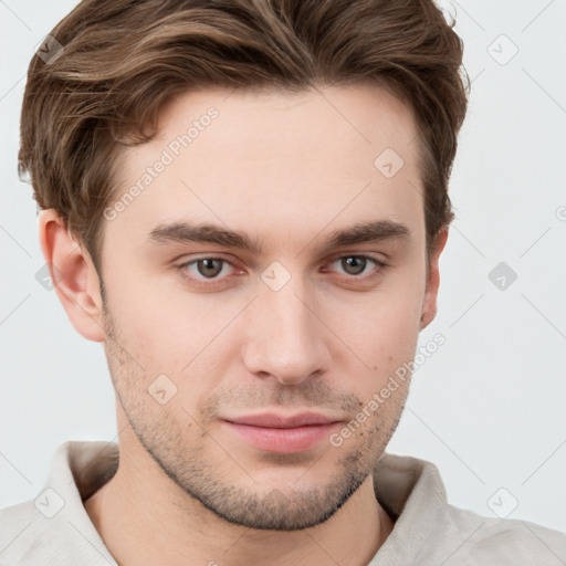 Neutral white young-adult male with short  brown hair and grey eyes