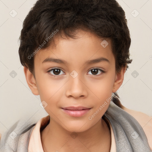 Joyful white child female with short  brown hair and brown eyes