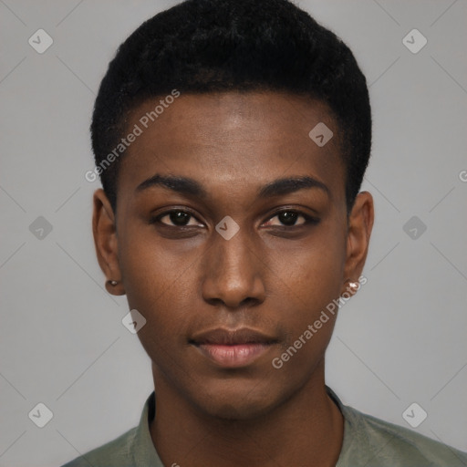 Neutral black young-adult male with short  black hair and brown eyes