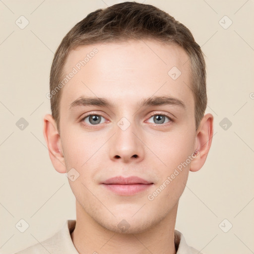 Neutral white young-adult male with short  brown hair and grey eyes