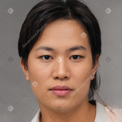 Neutral asian young-adult female with medium  brown hair and brown eyes