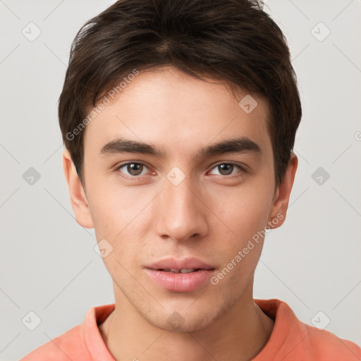 Neutral white young-adult male with short  brown hair and brown eyes