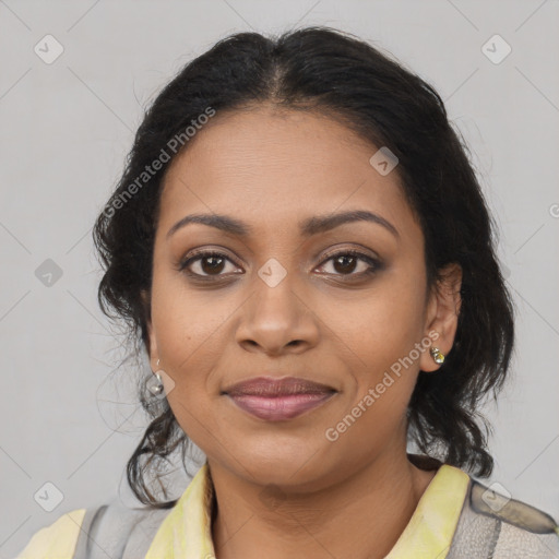 Joyful black young-adult female with medium  brown hair and brown eyes