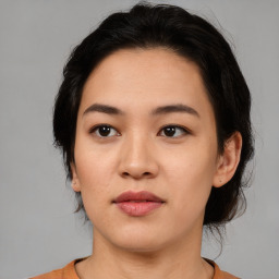 Neutral asian young-adult female with medium  black hair and brown eyes