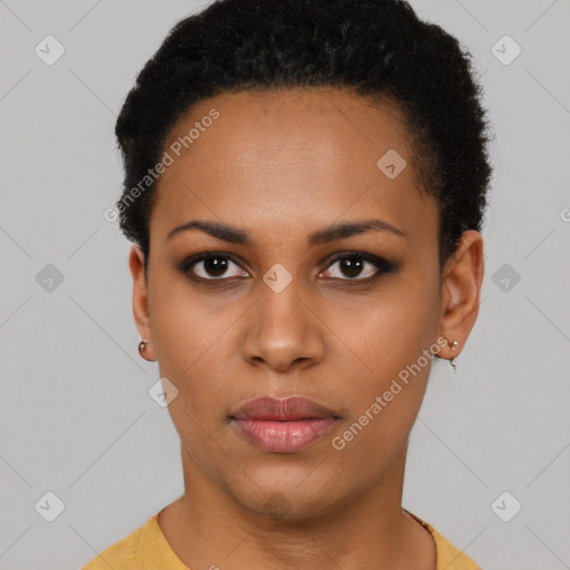 Neutral black young-adult female with short  black hair and brown eyes