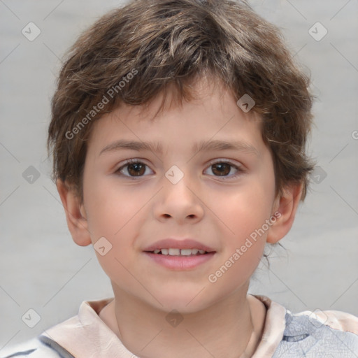 Joyful white child male with short  brown hair and brown eyes