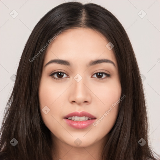 Neutral asian young-adult female with long  brown hair and brown eyes