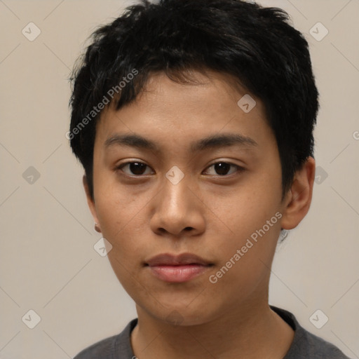 Neutral asian young-adult male with short  black hair and brown eyes