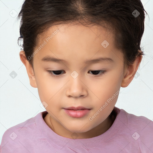 Joyful white child female with short  brown hair and brown eyes