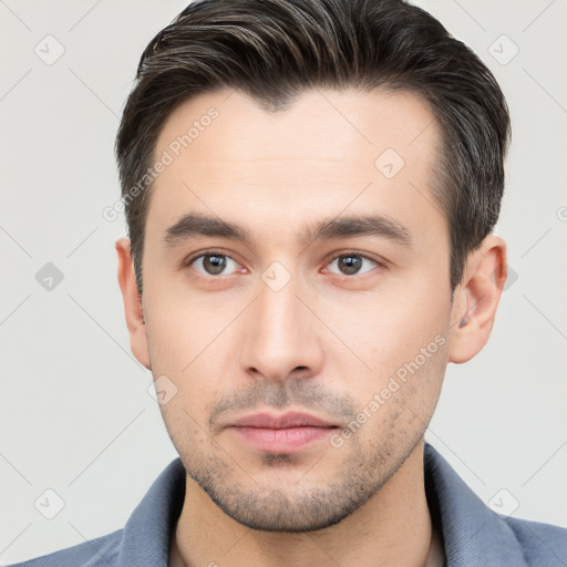 Neutral white young-adult male with short  brown hair and brown eyes