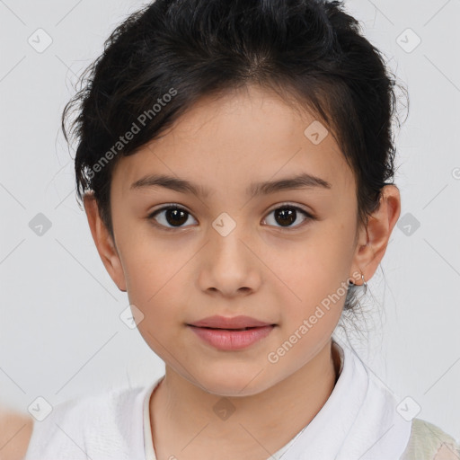 Joyful white child female with medium  brown hair and brown eyes