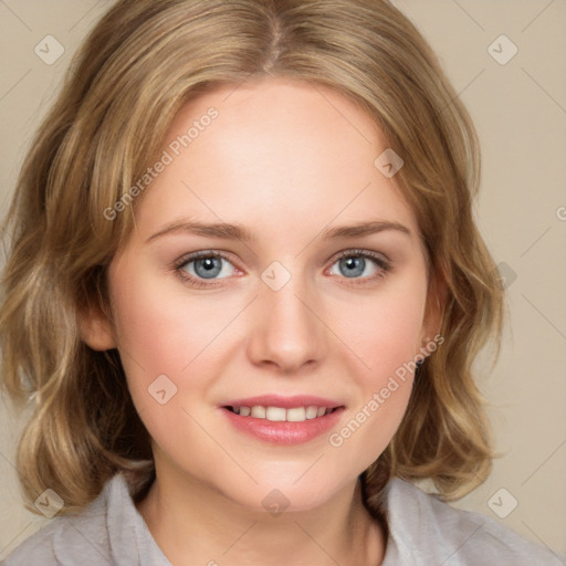 Joyful white young-adult female with medium  brown hair and blue eyes