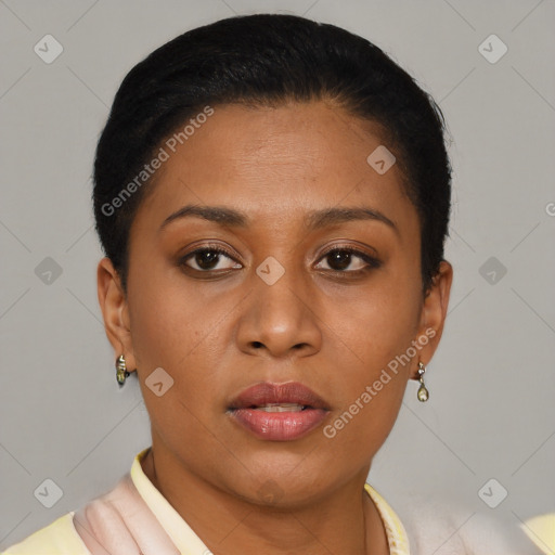 Neutral latino young-adult female with short  brown hair and brown eyes