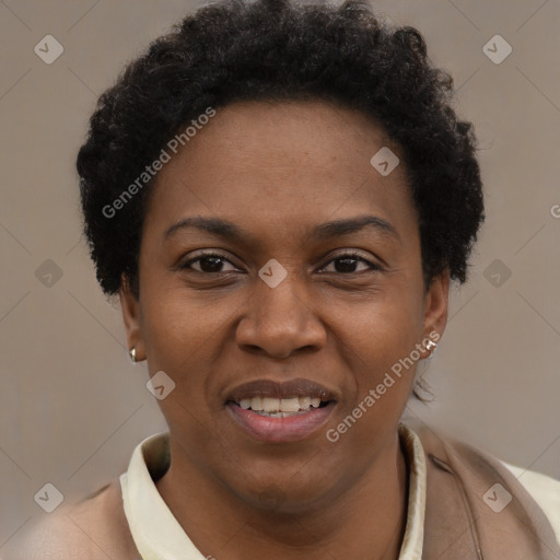 Joyful black adult female with short  brown hair and brown eyes