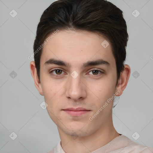 Neutral white young-adult male with short  brown hair and brown eyes