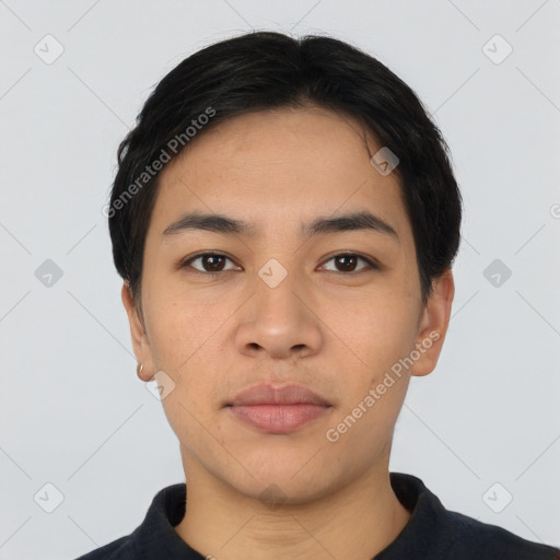 Neutral asian young-adult male with short  black hair and brown eyes