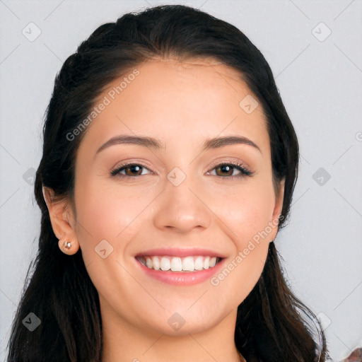 Joyful white young-adult female with long  black hair and brown eyes