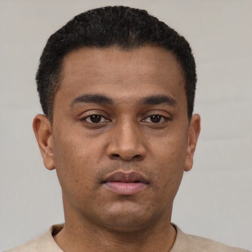 Neutral latino young-adult male with short  black hair and brown eyes