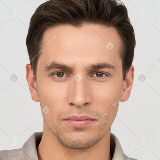 Neutral white young-adult male with short  brown hair and brown eyes