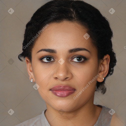 Joyful latino young-adult female with short  brown hair and brown eyes