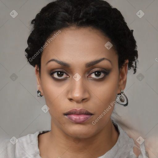 Neutral black young-adult female with short  black hair and brown eyes