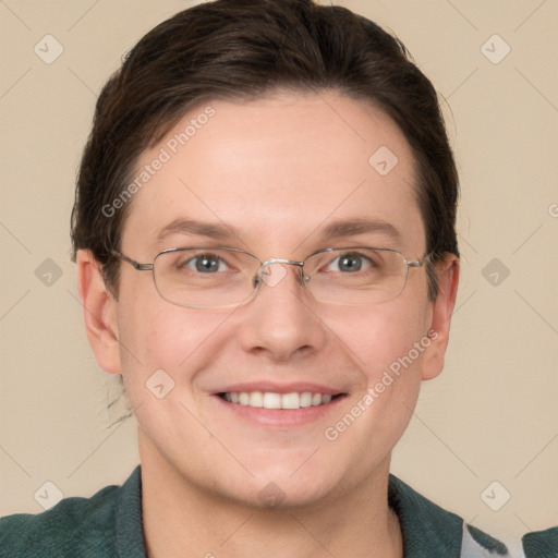 Joyful white adult male with short  brown hair and grey eyes