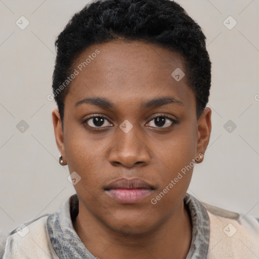 Neutral black young-adult female with short  black hair and brown eyes