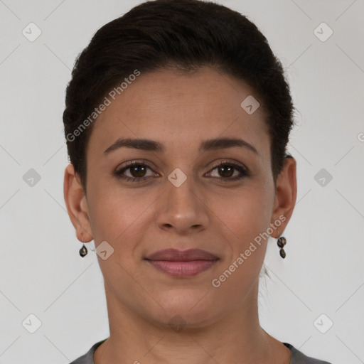 Joyful white young-adult female with short  brown hair and brown eyes