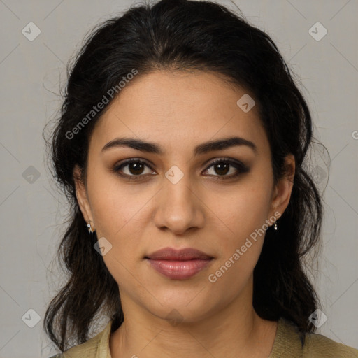 Joyful latino young-adult female with medium  brown hair and brown eyes