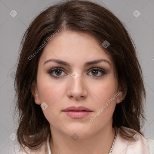 Neutral white young-adult female with medium  brown hair and brown eyes