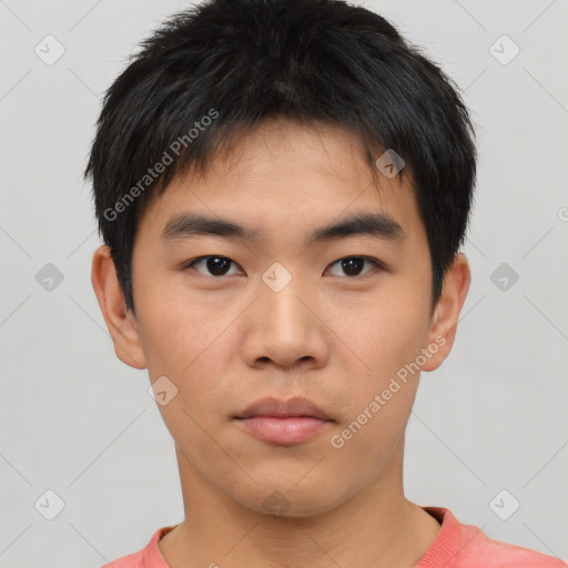 Neutral asian young-adult male with short  black hair and brown eyes