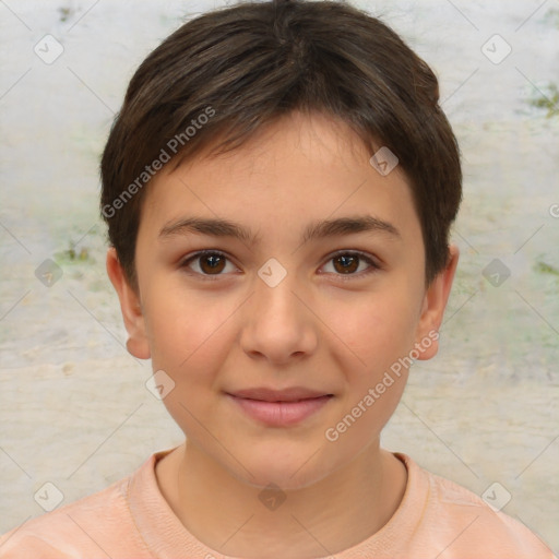 Joyful white child female with short  brown hair and brown eyes