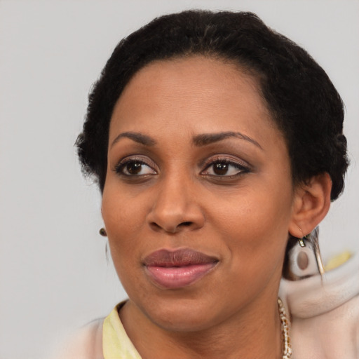 Joyful black adult female with short  black hair and brown eyes