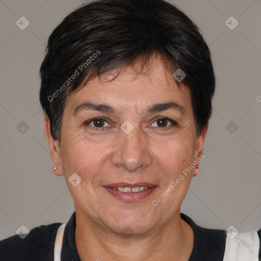 Joyful white adult female with short  brown hair and brown eyes