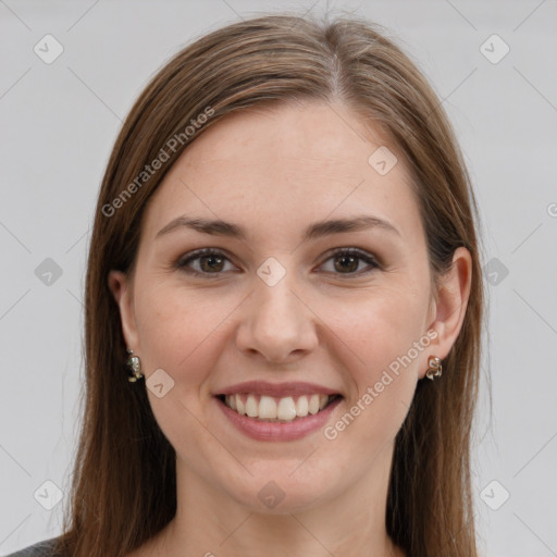 Joyful white young-adult female with long  brown hair and grey eyes