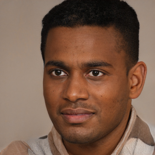 Joyful black young-adult male with short  brown hair and brown eyes