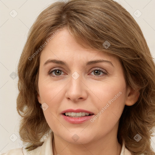 Joyful white young-adult female with medium  brown hair and green eyes