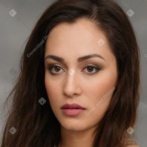 Neutral white young-adult female with long  brown hair and brown eyes