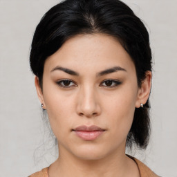 Neutral asian young-adult female with medium  black hair and brown eyes