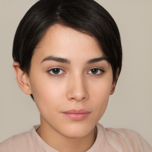 Neutral white young-adult female with short  brown hair and brown eyes