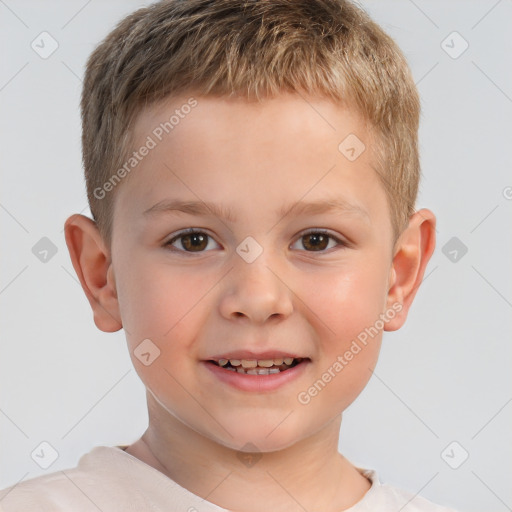 Joyful white child male with short  brown hair and brown eyes