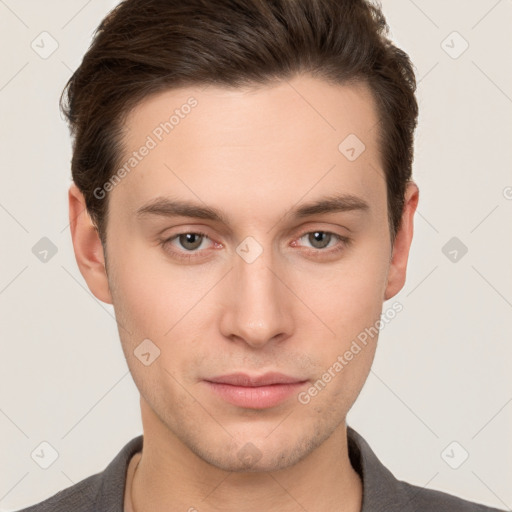 Neutral white young-adult male with short  brown hair and brown eyes