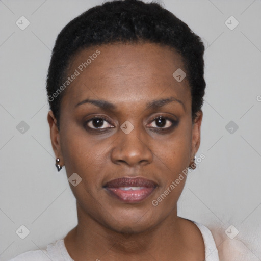 Joyful black young-adult female with short  black hair and brown eyes