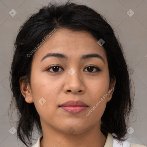 Neutral asian young-adult female with medium  brown hair and brown eyes