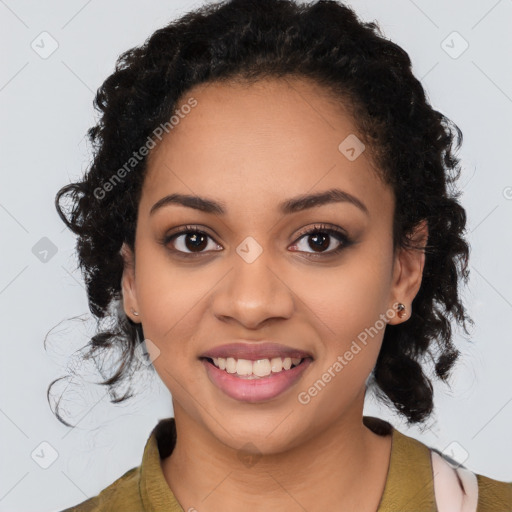 Joyful black young-adult female with medium  black hair and brown eyes